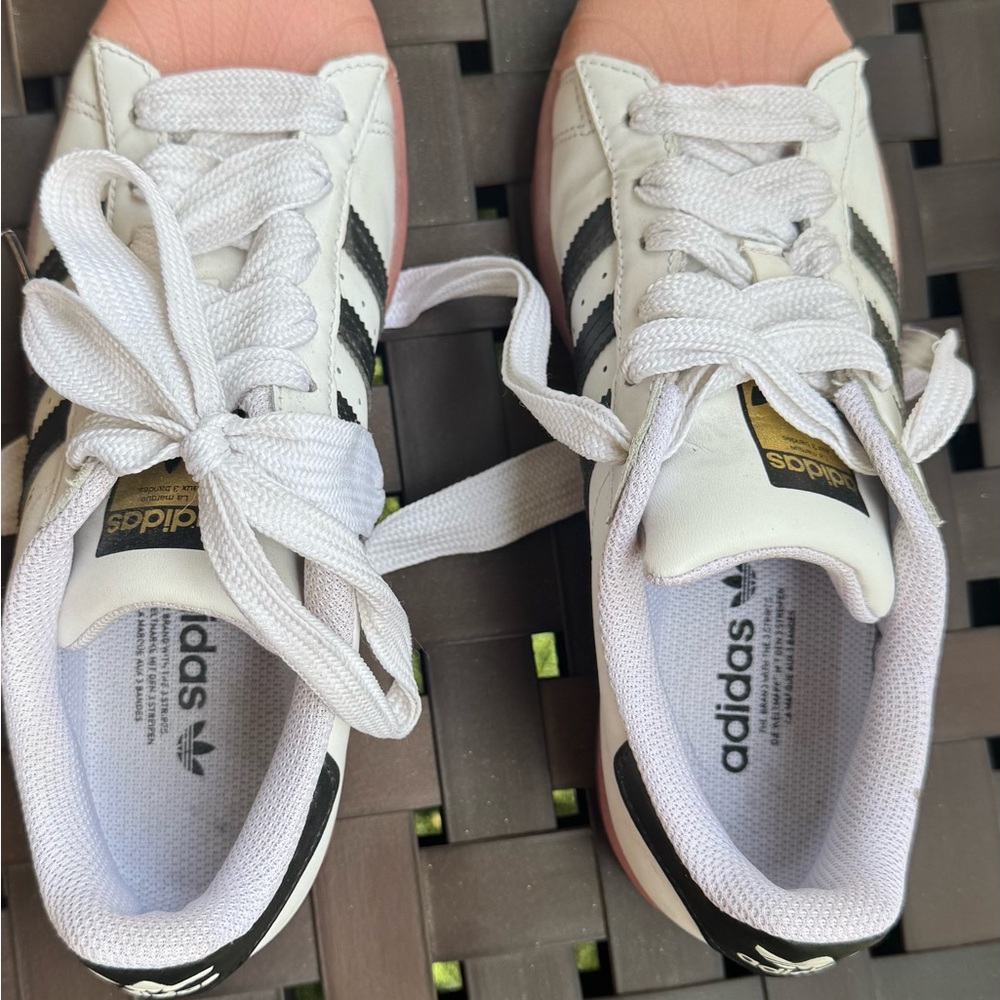 Adidas Superstar White with Black Stripes and Pink Toe/Sole